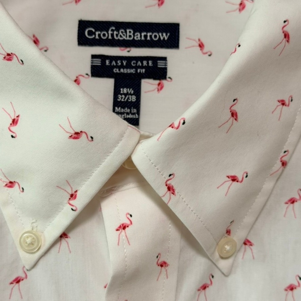 Croft & Barrow Mens Flamingo Print Button Down Shirt White Pink‎ 18.5 32/33 2XLT